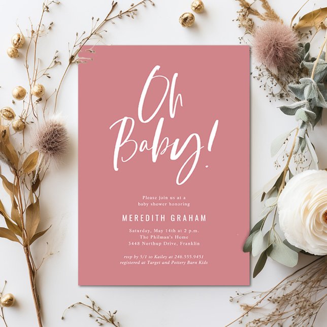 Convites Chá de fraldas Rosa Simples de Caligrafia (Criador carregado)