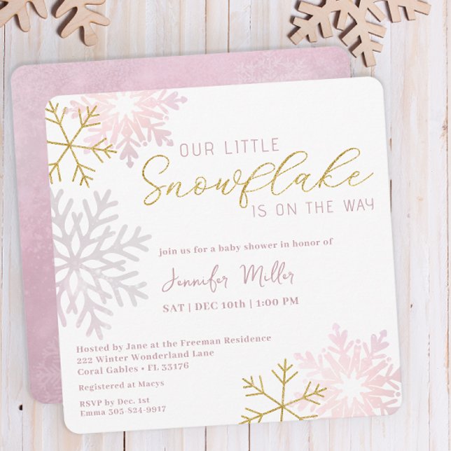 Convites Chá de fraldas Rosa Snowflake Convidar | Winter Wo (Winter Baby Shower Invitation
)