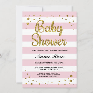 Convites chá de fraldas Rosa Stripe Dourada Glitter Girl C