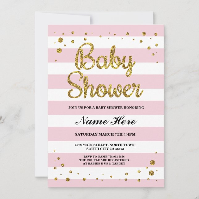 Convites chá de fraldas Rosa Stripe Dourada Glitter Girl Co (Frente)