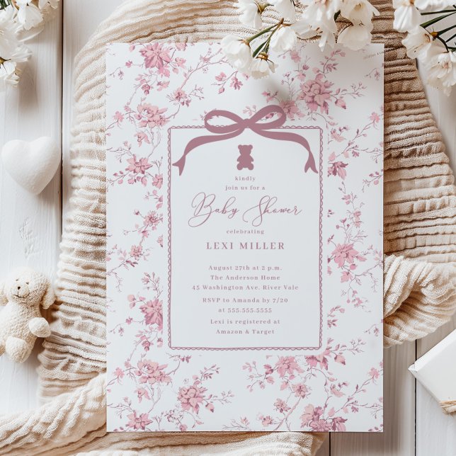 Convites Chá de fraldas Rosa Teddy Bear (Criador carregado)