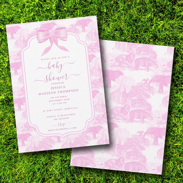 Convites Chá de fraldas Rosa Toile Safari Animais Chinoiser (Pink Toile Safari Animals Chinoiserie Baby Shower Invitation)