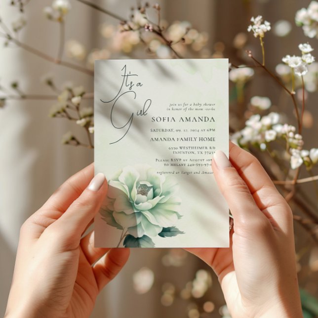 Convites Chá de fraldas Rosa verde de aquarela (Criador carregado)