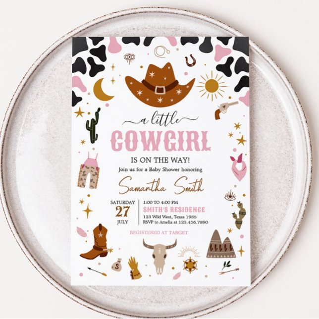 Convites Chá de fraldas Rosa Western Cowgirl (Boho Wild West Rodeo Baby Shower Invitation)