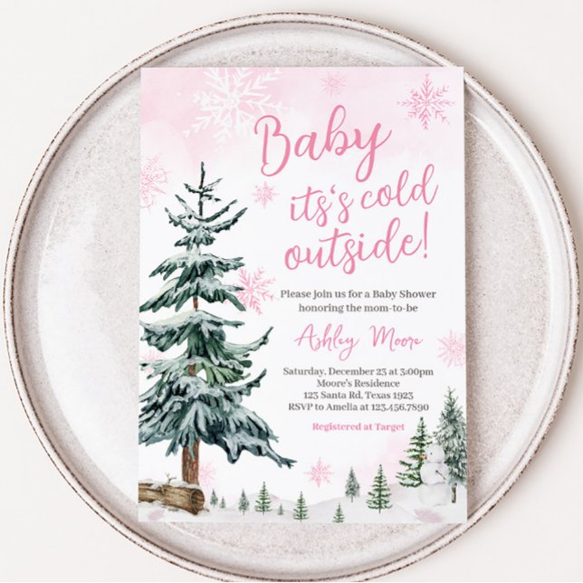 Convites Chá de fraldas Rosa Winter Wonderland (Girl Winter Wonderland Baby Shower Invitation)