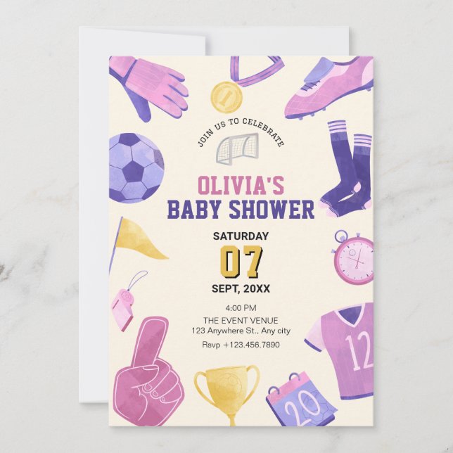 Convites Chá de fraldas roxo de futebol (Frente)