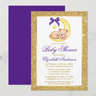 Convites Chá de fraldas Roxo Dourado da Lua do Urso de Ted