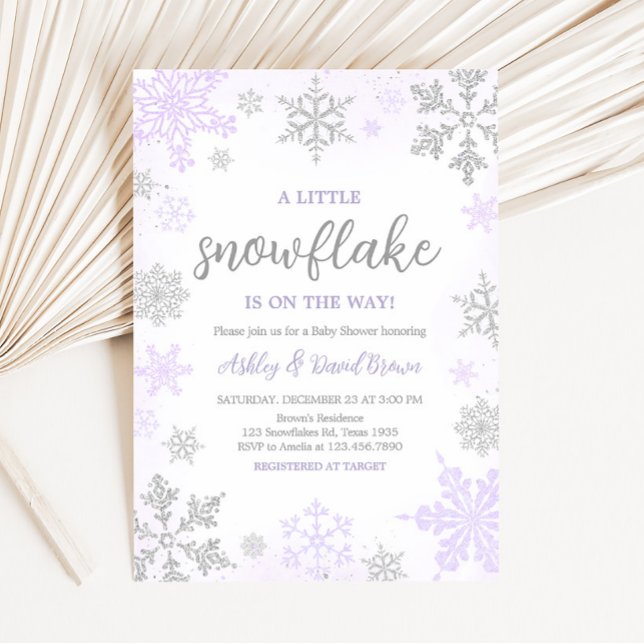 Convites Chá de fraldas Roxo Floco de Neve (Purple Silver Snowflake Baby Shower Invitation)