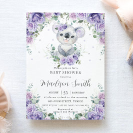 Convites Chá de fraldas Roxo Lilac Floral Cute Koala