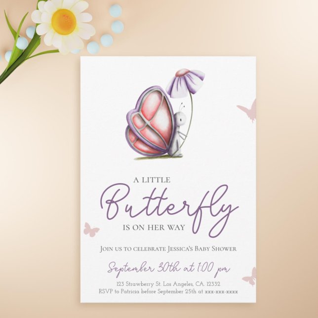 Convites Chá de fraldas Roxo-Roxo-Borboleta (Cute butterfly baby shower invitation)
