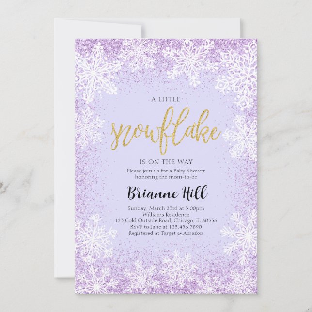 Convites Chá de fraldas Roxo Um Pequeno Floco de Neve (Frente)