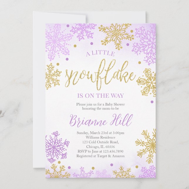Convites Chá de fraldas Roxo Um Pequeno Floco de Neve (Frente)