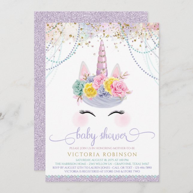 Convites Chá de fraldas Roxo Unicorn (Frente/Verso)