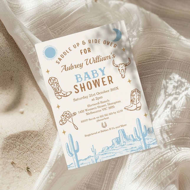 Convites Chá de fraldas Russo Blue Desert Boys Cowboy (Boys Cowboy Baby Shower invitation, Blue Brown Western Desert Wild West Southern Country Rodeo )