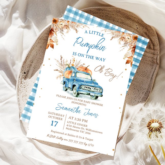 Convites Chá de fraldas Russo Blue Truck Little Pumpkin (Boy Fall Little Pumpkin Baby Shower Invitation, Blue Pumpkin Truck Baby Shower Invite, Brown Foliage)