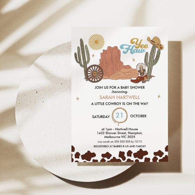 Convites Chá de fraldas Russo Brown Yea Haw Little Cowboy (Editable Cowboy Baby Shower Invitation, Little Cowboy baby shower Invite, Wild West Theme, Boy)