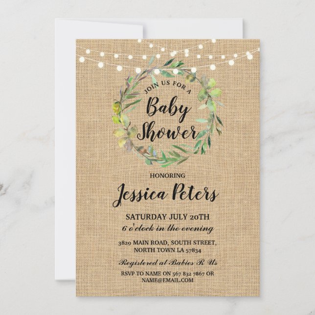 Convites Chá de fraldas Russo Burlap Green Wreath Invite (Frente)