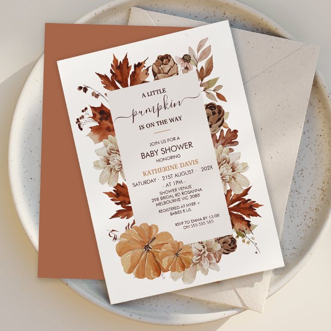 Convites Chá de fraldas Russo Castanho Queda Pequeno (Rustic Little Pumpkin baby Shower Invitation Template, Fall Baby Shower Invitation, Gender Neutral)