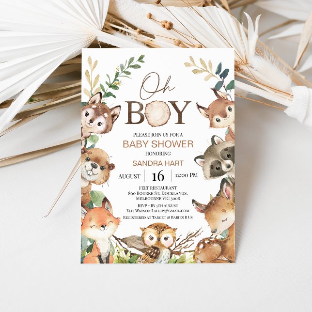 Convites Chá de fraldas Russo Castanho Verde de Madeira (Boy Woodland Baby Shower Invitation, Forest Animals, Watercolour Woodland Animals, Greenery, Oh Boy)