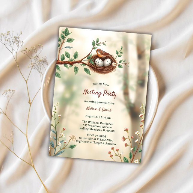 Convites Chá de fraldas Russo de Aves do Partido Ninho do W (Rustic Bird Nest Baby Shower Invitation – Woodland Nesting Party for Parents-to-Be)
