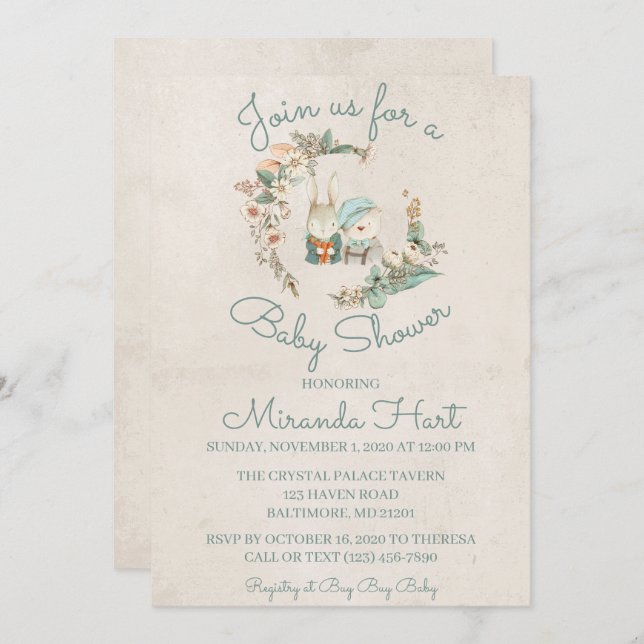 Convites Chá de fraldas Russo de Cores Aquáticas Doce (Frente/Verso)