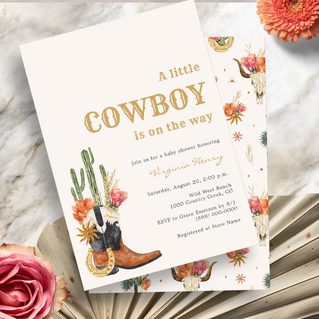 Convites Chá de fraldas Russo de Cowboy Ocidental (Rustic Wild West Theme A Little Cowboy Baby Shower Invitation with Cactus by Painted Paperie
)