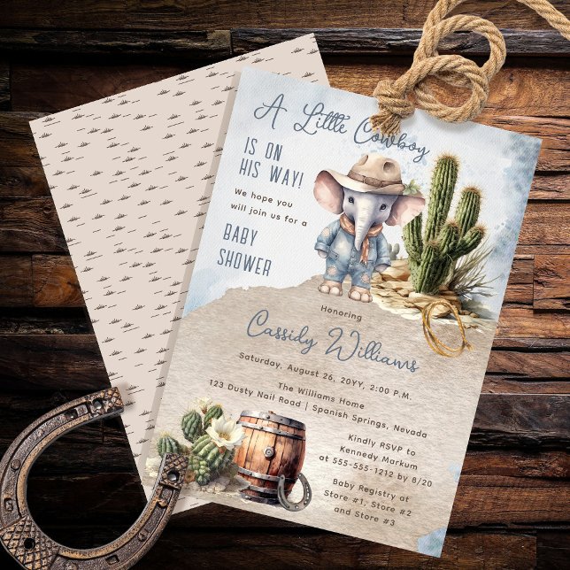 Convites Chá de fraldas Russo de Garoto-Vaqueiro do Elefant (Rustic Western Elephant Cowboy Boy Baby Shower Invitation)