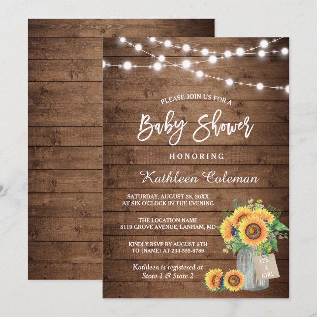 Convites Chá de fraldas Russo de Girassóis Mason Jar Lights (Frente/Verso)