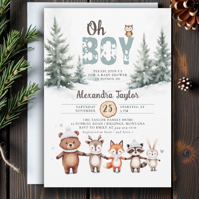 Convites Chá de fraldas Russo de Inverno de Animais da Flor (winter baby shower invitation oh boy cute woodland animals watercolor snow rustic adventure)