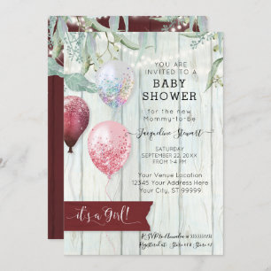 Convites Chá de fraldas Russo de Madeira de Balão Rosa Burg