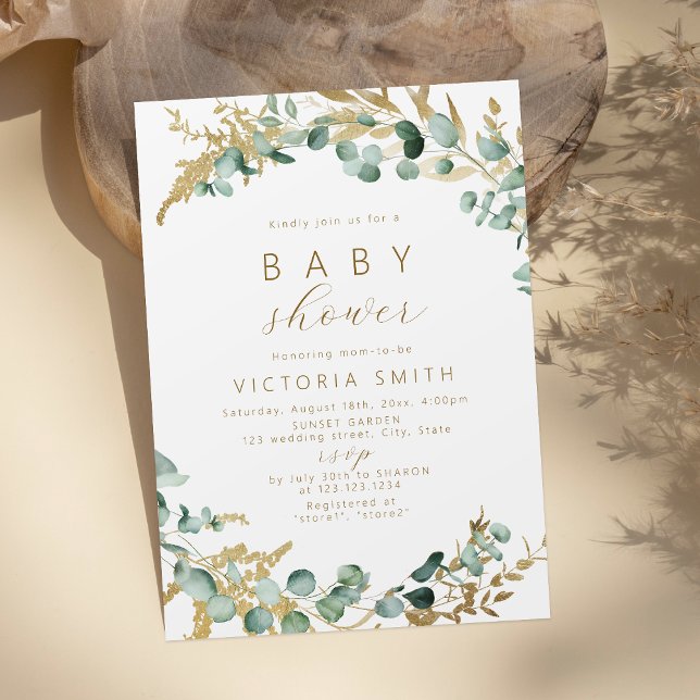 Convites Chá de fraldas russo de ouro eucalipto verde boho (Rustic eucalyptus gold greenery boho Baby Shower Invitation)