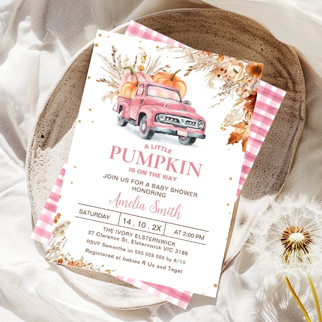 Convites Chá de fraldas Russo de Pumpkin Rosa de Flor Selva (Editable Girls Pumpkin Truck Baby Shower Invitation Fall Harvest Pink Truck Autumn Baby Shower Girl)