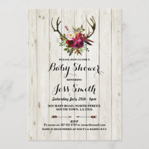 Convites Chá de fraldas Rustic Antler Floral Wood Party