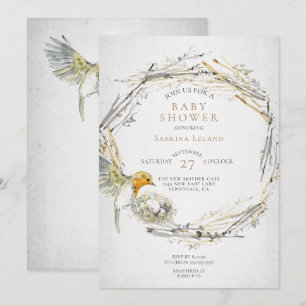 Convites Chá de fraldas Rustic Bird e Nest Watercolor