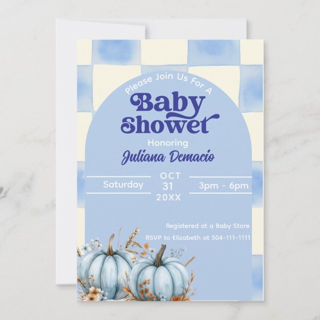 Convites Chá de fraldas Rustic Blue Gingham Pumpkin (Frente)