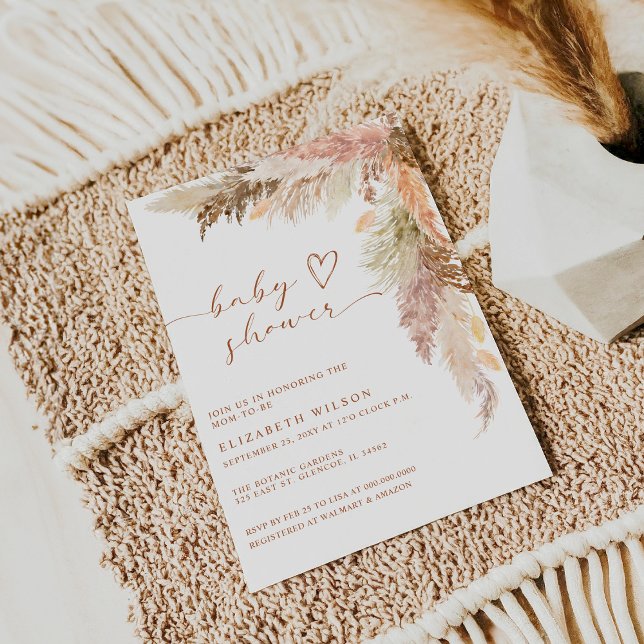 Convites Chá de fraldas Rustic Boho Terracotta Pampas Grass (Rustic Boho Terracotta Pampas Grass Baby Shower Invitation)