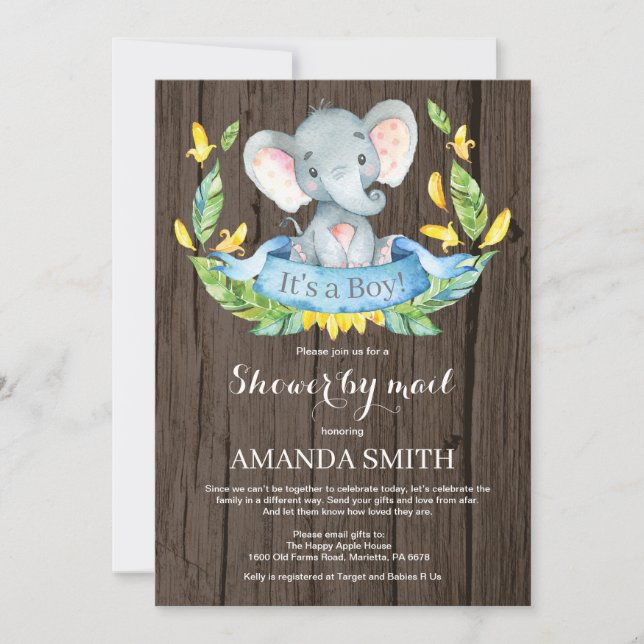 Convites Chá de fraldas Rustic Boy Elephant por Mail (Frente)