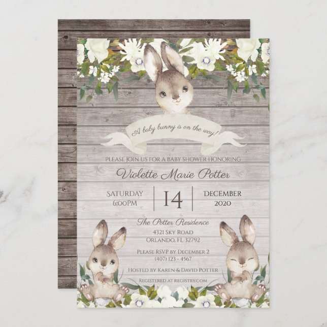 Convites Chá de fraldas Rustic Brown and White Bunny Rabbit (Frente/Verso)