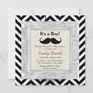 Convites Chá de fraldas Rustic Chevron Stripes Mustache Boy