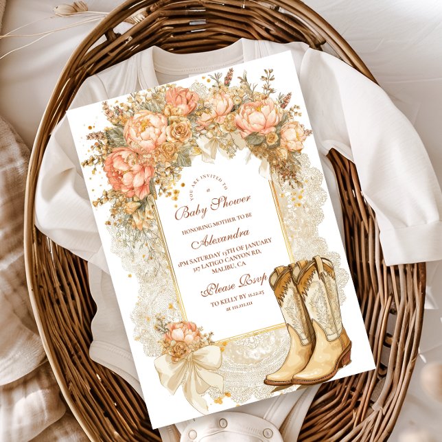 Convites Chá de fraldas Rustic Country Peony Boots (Criador carregado)