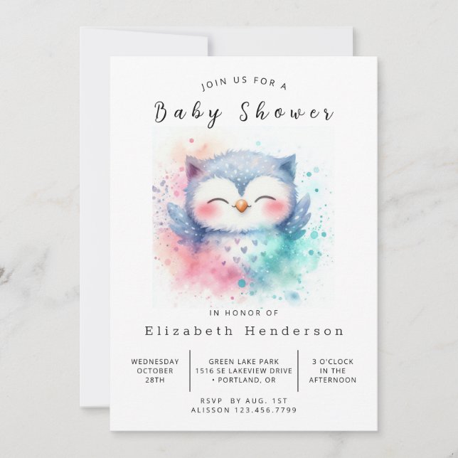 Convites Chá de fraldas Rustic Custom Owl (Frente)