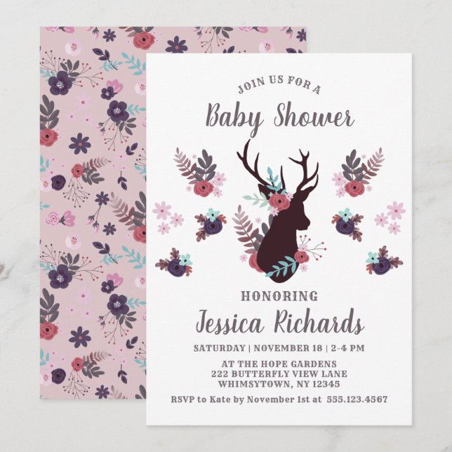 Convites Chá de fraldas Rustic Deer Head Mauve Floral (Frente/Verso)