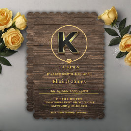 Convites Chá de fraldas Rustic Dourado Heart Monogramas Fam