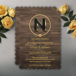 Convites Chá de fraldas Rustic Dourado Heart Monogramas Fam