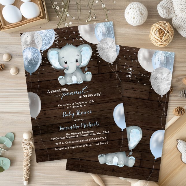 Convites Chá de fraldas Rustic Elephant Boy Balloons (Rustic Elephant Boy Balloons Baby Shower Invitation
)