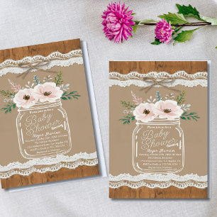 Convites Chá de fraldas Rustic Floral Mason Jar Lace & Twin