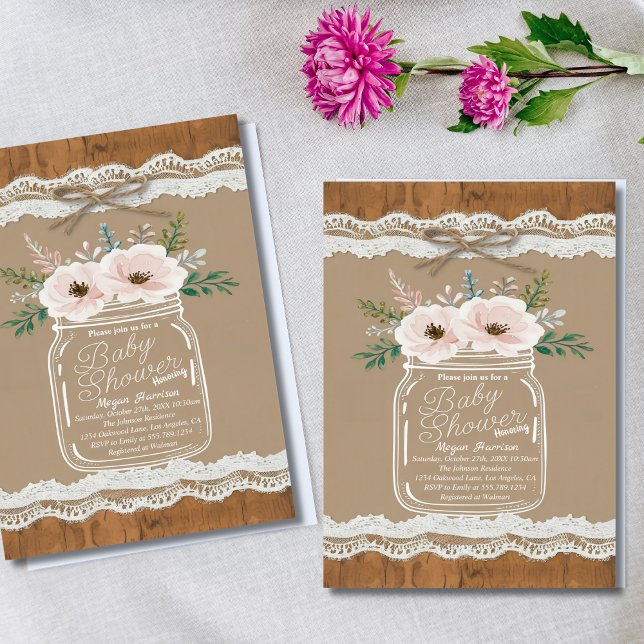 Convites Chá de fraldas Rustic Floral Mason Jar Lace & Twin (Criador carregado)