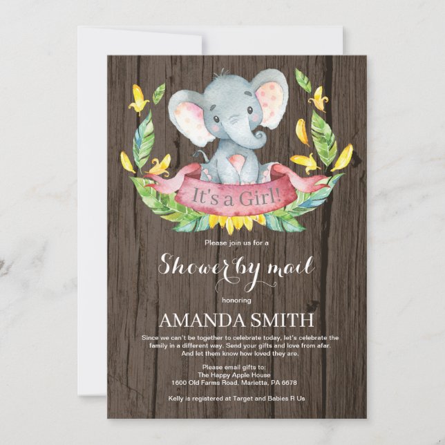 Convites Chá de fraldas Rustic Girl Elephant por Mail (Frente)
