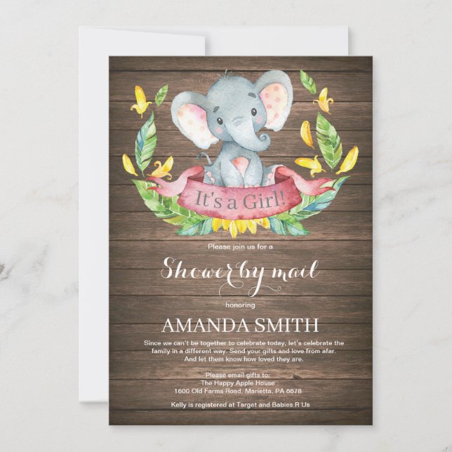 Convites Chá de fraldas Rustic Girl Elephant por Mail (Frente)