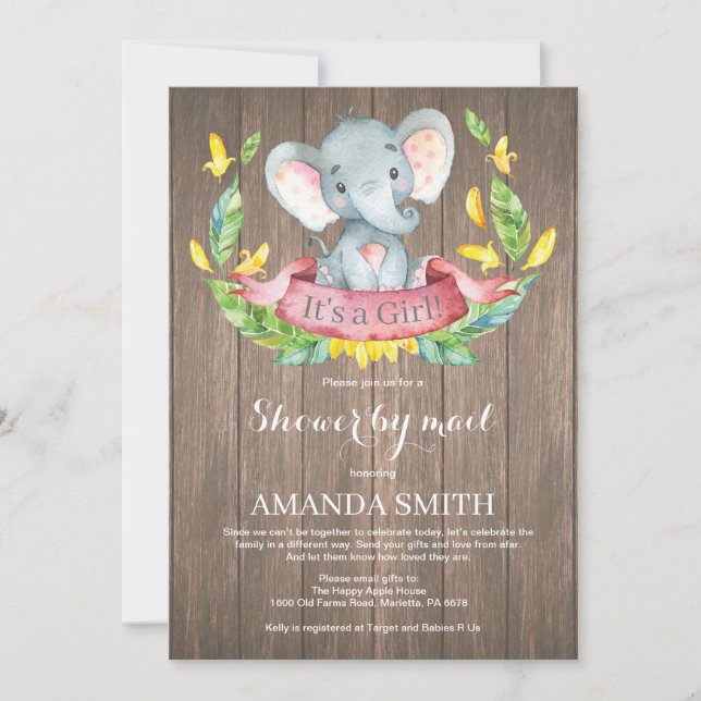 Convites Chá de fraldas Rustic Girl Elephant por Mail (Frente)